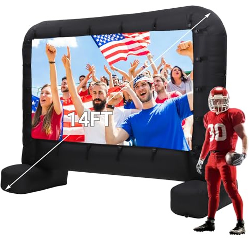 14 ft Inflatable Projector Screen - Blow Up Outdoor Movie Screen for Backyard, Supports Front and Rear Projection, Includes Quiet Air Blower, Stakes, Ropes & Storage Bag