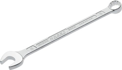 HAZET: Ring-Maulschlüssel 600N-15 verchromt I Ringschlüsselkopf 15 Grad abgewinkelt - Abtrieb: Außen Doppel-Sechskant, Schlüsselweite: 15 mm, Schaft mit extra stabilem HAZET Doppel-T-Profil