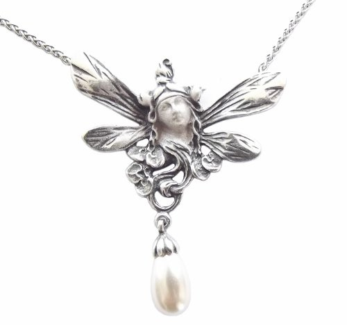 Halskette Frauenkopf 925 Silber Perlenabhängung Jugendstil