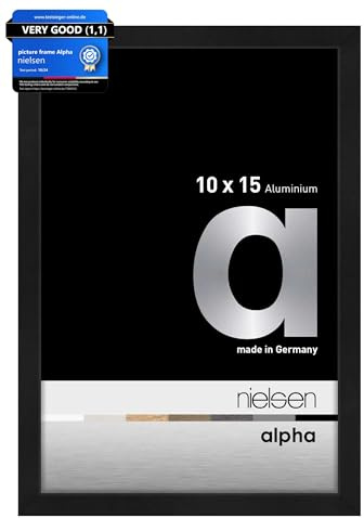 nielsen Aluminium Bilderrahmen Alpha, 10 x 15 cm, Schwarz | Aluminium Fotorahmen im Hoch- & Querformat zum Auftstellen und Aufhängen Schwarz matt Echtglas