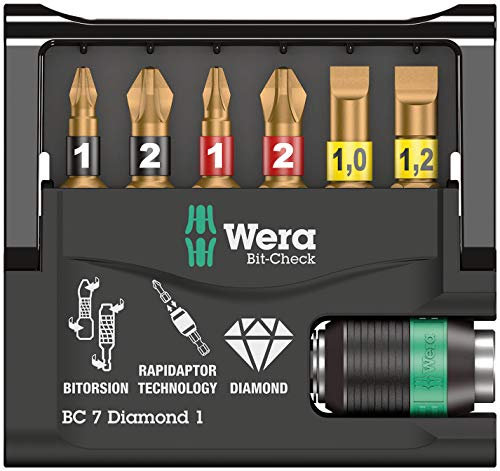 Wera Bit-Check 7 Diamond 1 SB Anti Cam-out BiTorsion Long Life Bit Set, for drill/drivers, PH/PZ/SL, 7PC, 05073419001