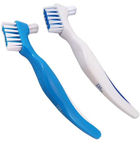 Brosses pour Dentiers (Lot de 2) Bleu et Blanc ~ Manche ergonomique, Double brosse