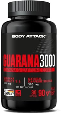 Body Attack-Guarana 3000, hochdosierte Guarana Engery Caps, 300mg Koffein & 3000mg Guarana Extrakt pro Tagesportion, Aspartamfrei, für alle Sportler & Athleten-Made in Germany-90 Kapseln