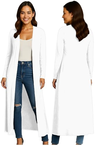 Re Tech UK Ladies Womens Maxi Plus Size Long Cardigans for Women UK Collared Top Long Full Sleeve Floaty Women's Cardigans Coatigans Sizes 8-26 (White - ML)