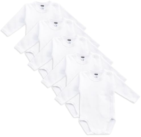 MEA BABY unisex babybody med långa ärmar och omlottknäppning i 100 % ekologisk bomull, 5-pack, vit (kräm) för flickor och pojkar (68)