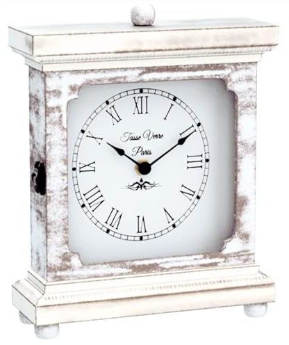 Tasse Verre Rustic Shelf Clock (Quiet) for Living Room Mantel, Table, Or Desk 9 X 7 Farmhouse Decor Distressed White Washed Wood Silent - Office Fireplace. AA Battery Operated Non-Digital, Tan