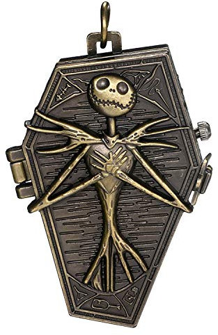 JewelryWe Herren Taschenuhr Vintage Retro Schädel Skull Skelett Fright Burton's Nightmare Before Christmas Quarz Analog Uhr mit Kette Halskette Bronze