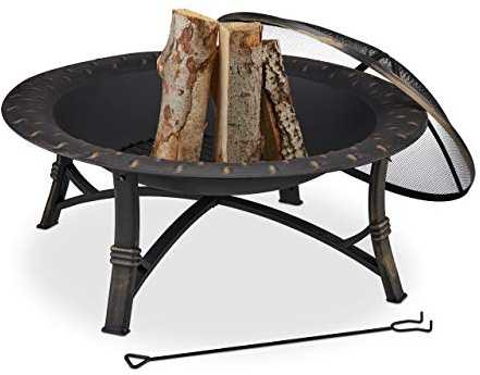 Relaxdays Brasero Exterior con Protector Antichispas, Cuenco Fuego Jardín y Terraza, Antiguo, Atizador, 52 x 90cm, Negro