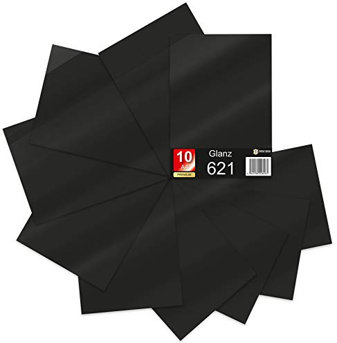 Finest Folia 10 x Din A4 Bögen Plotterfolie 621/631 Selbstklebende Folie im Set Vinyl zum Plotten DIY Bastelfolie Sticker Beschriftung Aufkleber 29,7x21cm (Schwarz glanz, 10er Set)