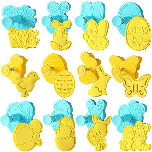 12 Pieces Easter Cookie Cutters Set 3D Bunny Sugar Cookie Pie Crust Cutters Pastry Fondant Baking Mold Cake Decorative Tool with Handle Spring Device for Easter Party Favors