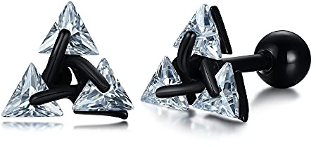 Unisex Geometric Triangle Stud Earrings,Stainless Steel Minimalist Cubic Zirconia Pierced Post Earrings for Men Women,Black
