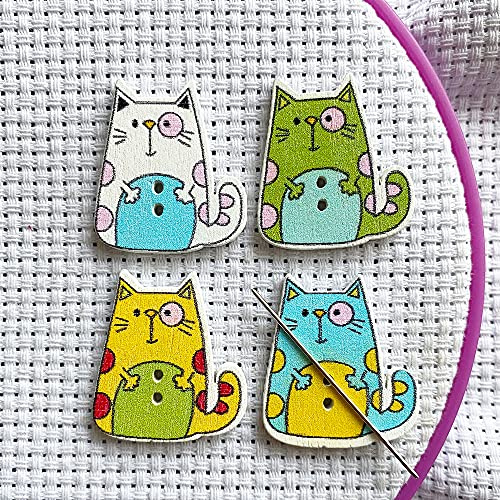 4 Stück Magnetisch Nadelwächter zum Kreuzstich und Stickerei, süß Bunt Holzkatze Nadelhalter, Handarbeit Zubehör