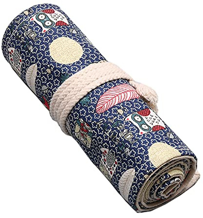 Anawakia Wrap Leinwand Stifterolle Bleistift Wrap Tragbar Stifterolle Bleistifthalter Reise Stiftehalter Buntstifte Federmäppchen Roll-up Mäppchen Tasche Organizer (Eule,72 Slots)