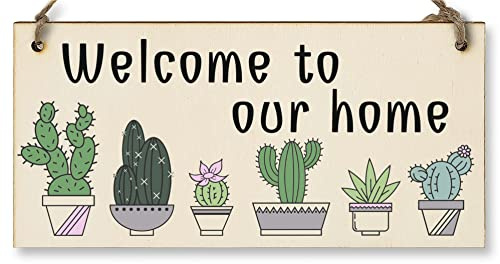 The Plum Penguin Handmade Wooden Hanging Wall Plaque Welcome to Our Home Cactus House Plants Decorative Sign New Home Gift Hallway