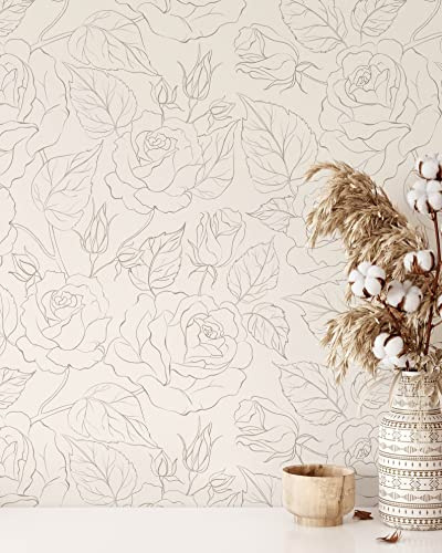 Coloritto Boho Roses Wallpaper | Removable Self Adhesive Minimalistic Wall Decor | Floral Peel and Stick Wallpaper (Sample 12 W x 8 H)