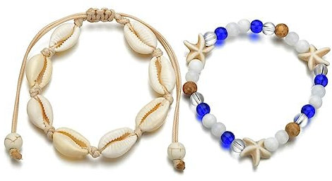 Yurosiay Muschel Fußkettchen Set 2 Stück Fußkettchen Perlen Damen Verstellbar Weiße Natürlich Muscheln Fußkettchen Elastisch Blau Seestern Fußkettchen Boho Gewebt Fußkette für Frauen Mädchen