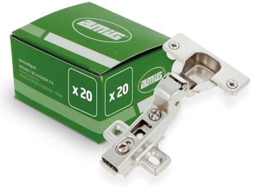 Amig - Pack de 20 Bisagras de Cazoleta Superacodada - Ø35 mm - Acero Niquelado - Pestillo de Apertura Rápida - Instalación Oculta para Muebles - Tacos y Tirafondos Premontados