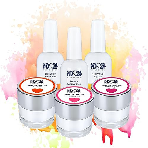 ND24 NailDesign Premium Bundle Summer Love Soak Off Gel Collection Rubber Base Top Coat und Cream Remover - Hochpigmentiert UV LED Gellack - Satte Farbe Haltbar - Easy Peel Off Ablösen - 6-teilig