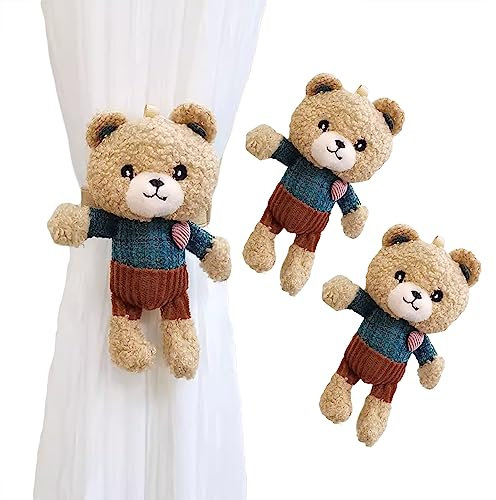 Herfair 2 Stück Vorhänge Raffhalter Cartoon Tier, Bär Kaninchen Löwe Gardinenclips Raffhalter Seil für Kinderzimmer, Vorhang Schnalle Haken Gardinenhalter (Bär)