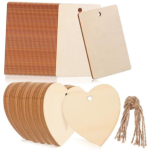 Garneck Unlackierte Holzscheiben Herz Rechteck Mit Bohrloch Juteschnur DIY Deko Anhänger Für Handwerk Basteln Weihnachten Muttertag