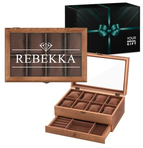 Maverton Uhrenbox mit Gravur - braune Uhren Aufbewahrungsbox für 8 Uhren mit Glasdeckel und Schublade für Schmuck - funktionale Schmuckschatulle für Frauen und Paar - 30x20x12,5cm - Vorname | Schmuckkästchen mit 8 Fächern und Schublade, für Geburtstag, Hochzeit, Jahrestag, Diamant