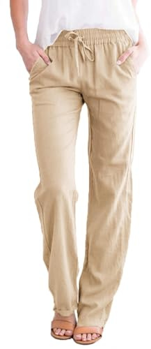 Zeagoo Leinenhose Damen Sommer Musselin Baumwolle Hose Stoffhose Einfarbige High Waist Freizeithose Leichte Strandhose Sommerhose mit Taschen Khaki S