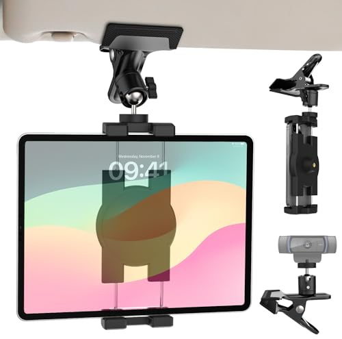 Dosvsi Sun Visor Car Tablet Mount, 360° Dual Joint Adjustable Arm - Tablet Holder for Car Visor, Ultra Sturdy Vehicle Spring Clip for iPad Pro Air Mini, Galaxy Tab, Z Fold, iPhone, 4-13 Devices