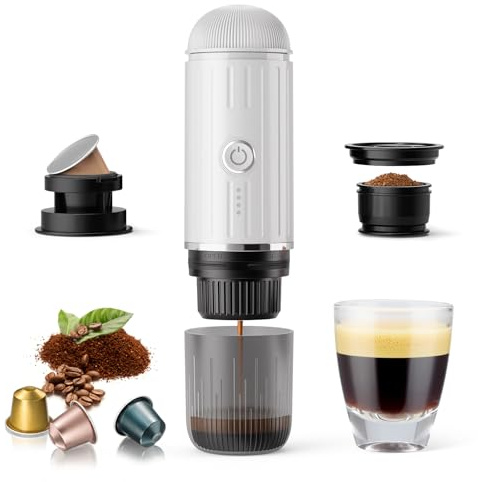 Portable Electric Espresso Coffee Maker for Ground Coffee & NS Capsule Espresso Machine Fast Self-Heating Technology‌ with USB-C Perfect for RV, Hiking, Camping, Office & On-the-Go Lifestyles, White