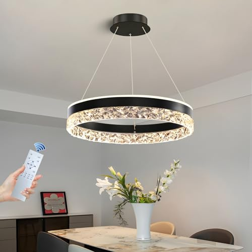 GaoHX Moderner Kristall Kronleuchter Dimmbar LED Pendelleuchte Esstisch, Esstischlampe Höhenverstellbar Esszimmerlampen Rund Ring Hängeleuchte LED Hängelampe für Esszimmer Küchen Bar Leuchten(Nero)