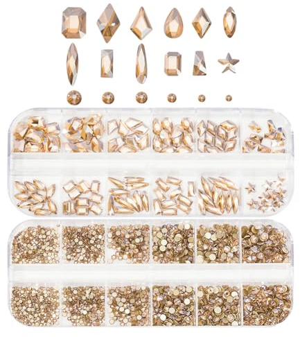 FSSTUD Environ 3 000 strass ronds à dos plat en verre pour nail art, diamants, bijoux de maquillage, petites pierres précieuses pour ongles avec boîte de rangement pour le visage - Doré