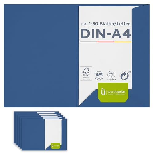 250 x Präsentationsmappe für A4 in blau, FSC® MIX 70%, sehr stabile Dokumentenmappe 320g/m² Karton mit Visitenkartenschlitz, passt in C4-Umschlag, Made in Germany, direkt vom Hersteller Werbegrün