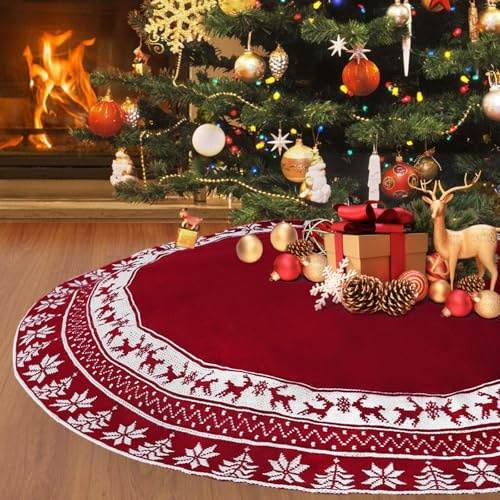 Weldomcor Weihnachtsbaum Decke 90cm Weihnachtsbaumdecke Rund Elch Schneeflocken Weihnachtsbaum Rock Große Gestrickter Christbaumdecke Weihnachtsdeko für Christbaumschmuck, Rot
