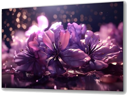 UVTECHPRINT Glasbild Wandbild Heimdekoration 90x60 cm Wohnzimmer Kunstdruck Bilder auf Glas Lila Blumen für das Badezimmer