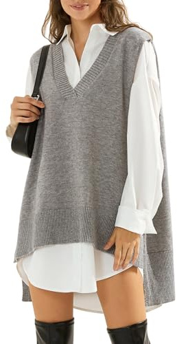 EXLURA Womens Oversized Sweater Vest Knit V Neck Tunic Casual Sleeveless Long Pullover Tank Tops Fall Winter Trendy 2026 Grey