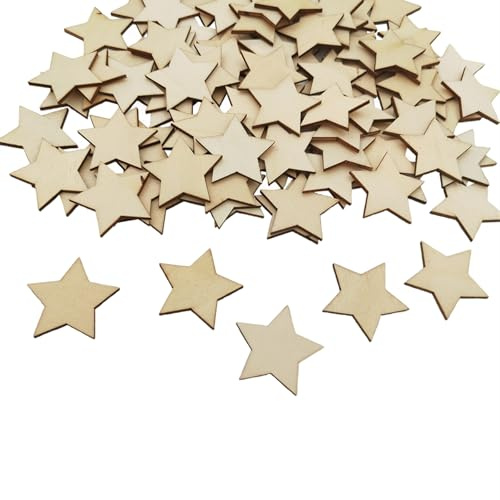 100 Stück unlackierte Holzausschnitte, blanko, Holzscheiben, Rohlinge zum Basteln, Bemalen & Verzieren (Stern)