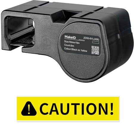 MakeID Cinta de PET para impresora de etiquetas industrial D50 – Negro sobre Amarillo, 50 mm x 8 m, uso interior/exterior, seguridad, gestión de activos, etiquetado eléctrico