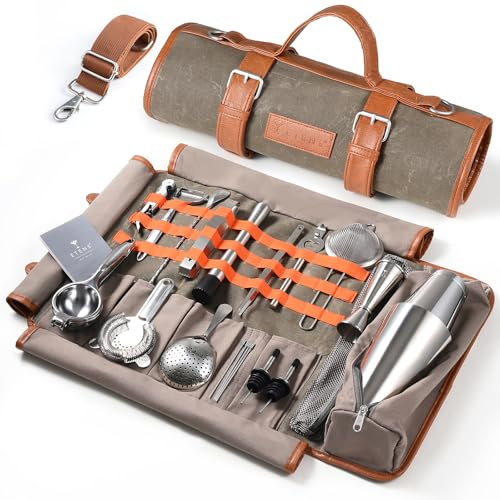 Etens Reise-Barkeeper-Set – 22-teiliges Barset, Cocktail-Set mit Edelstahl-Barwerkzeugen & gewachster Canvas-Tasche – Barkeeper Set, Barzubehör mit Boston Shakern, Jigger, Sieben & Zitronenpresse