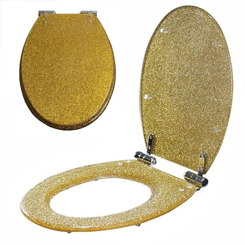 Toilettendeckel mit Absenkautomatik, Gold Glitzer WC Sitze aus Harz, Top-Installation, Oval Klodeckel WC Deckel mit Scharniere aus Edelstahl, Einfach zu Montieren und zu Reinigen, 42x36cm
