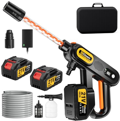 Gisam Nettoyeur Haute Pression à Batterie, Max 943 PSI avec 2 x 4000mah Batteries, Pulvérisateur de Mousse, 6-en-1 Multi-Usage Buse et 180° Buse Pivotante pour Le Nettoyage et Arrosage