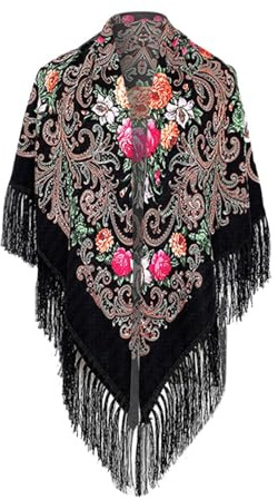 Caxndycing Sciarpa con tradizionale motivo floreale ucraino, polacco, russo e frange Elegante sciarpa scialli signora con nappe Stampa floreale in cotone Scialli foulard, Nero , Taglia unica