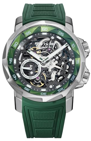 FEICE Reloj Automático para Hombre Esqueleto Cristal de Zafiro con Correa de Caucho Verde Caja de Acero Inoxidable 46mm FM511
