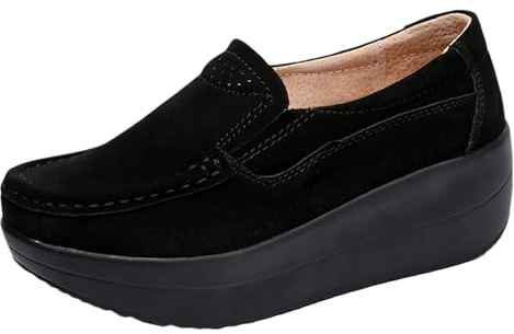 rismart Femmes Cuir Suédé Baskets à Talon Compensé Chaussures Plateforme à Enfiler Mocassins Noir, 40 EU