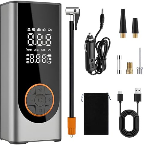 Semflagree Portable Air Compressor Car Tyre Pump, 6000mAh corded/cordless Dual power supply 150PSI Tyre Inflator Cordless Digital Dual Values Display tyre pump for Car Motorcycle Bike Ball(silver)