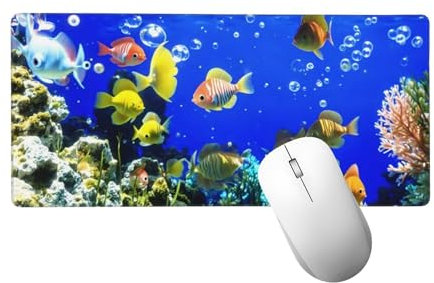 Tapis de Souris Monde sous-Marin Tapis de Souris XXL 1400x600 mm, Grand sous Main Bureau Gaming avec Bords Surpiqués et Dos Antidérapant, Poisson Mouse Pad Gamer pour Clavier et Souris, Cadeaux H-255