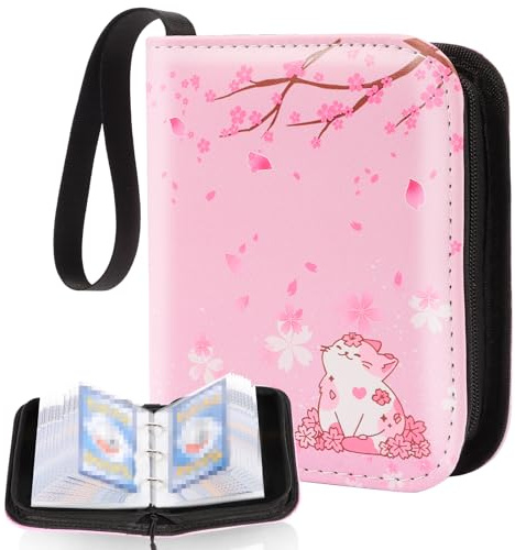 Small 1 Pocket Card Binder for Cards,Mini Trading Card Binder Holder Fits 80 Cards with 40 Removable Sleeves,Card Collection Binder Album Book Case for TCG,MTG,Sports Games (Sakura Cat)