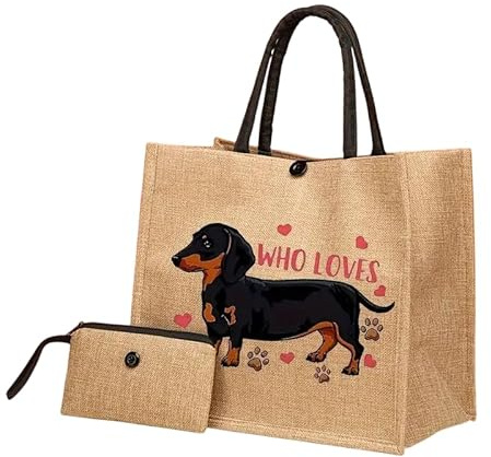 Tragetasche mit großem Fassungsvermögen, Motiv: Dackel, mit Mini-Tasche, leicht, langlebig, perfekt für Reisen, beige, 34cm x 30cm x 14cm