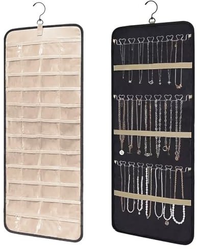 Cjytdkj Dual-sided Jewelry Organizer Hanging with Metal Hooks, 84×36cm | Hanging Jewelry Organizer48 Pockets, 3 Wave-Shaped Hooks, Jewelry Roll for Earrings for Earrings Necklaces (Black)