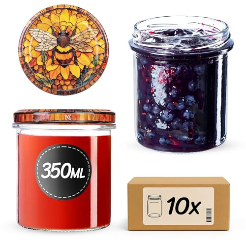 KADAX Lot de 10 pots à confiture, 350 ml, avec couvercle à visser fi82 mm, petits pots à confiture, bocaux en verre pour la conservation et la conservation (abeille jaune)