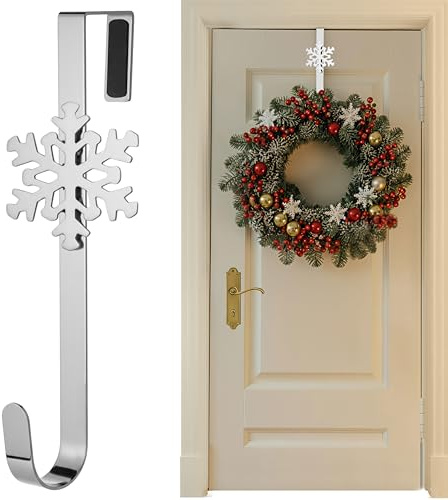 SR ESSENTIALS Wreath Hanger for Front Door 12 Inch – Decorative Snowflake Over Door Hook, Metal Wreath Holder for Christmas, Easter, Wedding & Welcome Door Decoration (Silver)