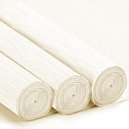 3 Rolls Krepppapier Beige 43x250cm, Crepe Papier Weiß Creme für Handwerke, Floristen Krepppapier für Geburtstag, Hochzeiten, Valentinstag-Dekorationen (Weiß Creme)